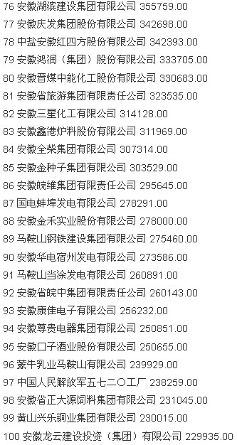 2013安徽企业100强名单 2013安徽企业100强